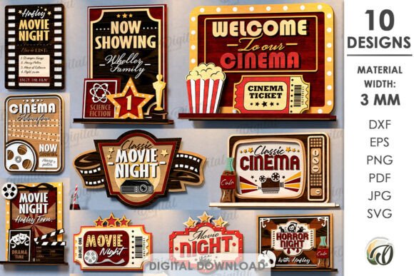 Retro Sinema Temalı 10 Parça Lazer Kesim Tasarımı