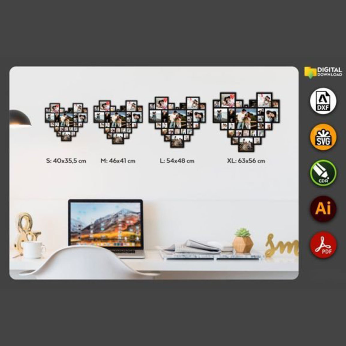 Kalp Figürlü Duvar Fotoğraf Çerçevesi Lazer Kesim Dosyası önizleme 2