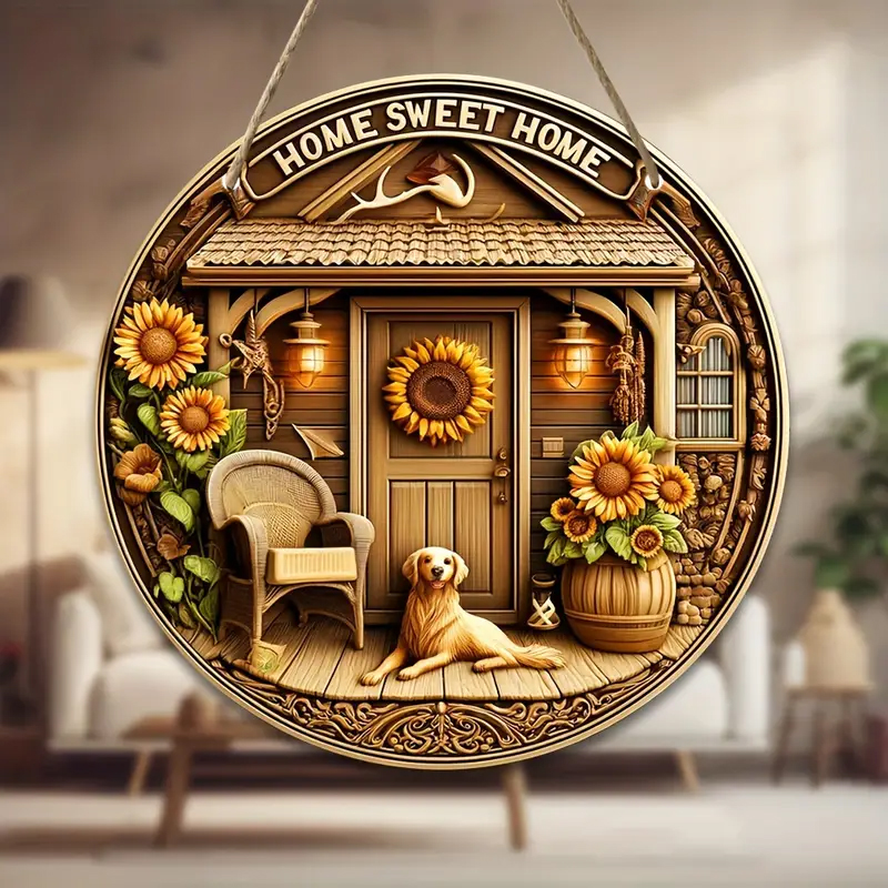 Ahşap Kapı Süsü - Ay Çiçekli ve Köpek Figürlü Home Sweet Home Dekor