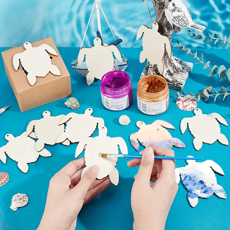 DIY Boyanabilir Ahşap Deniz Kaplumbağası Figürü - 10'lu Set
