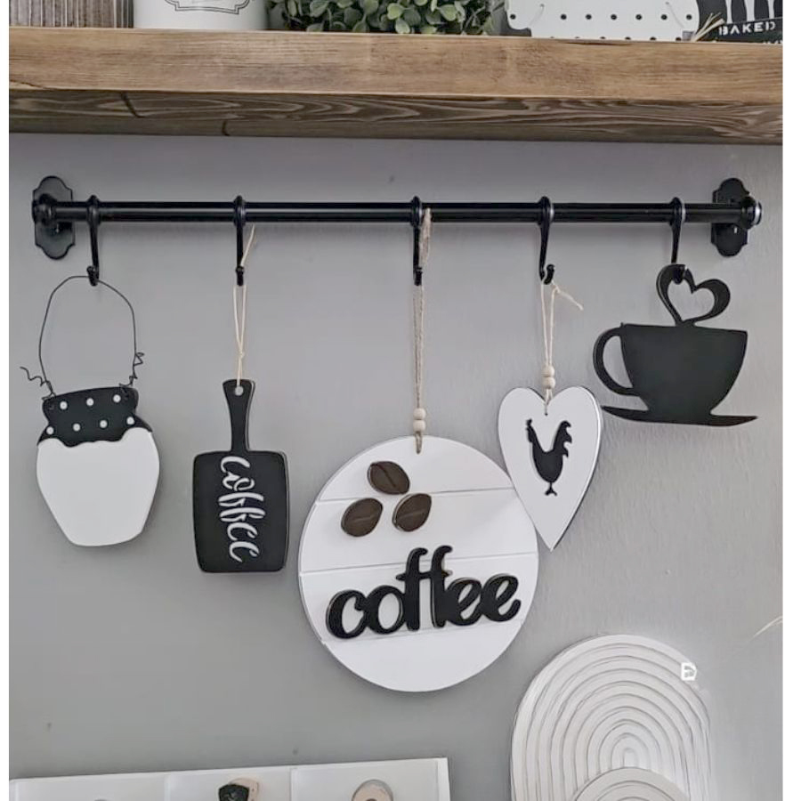 Ahşap Mutfak Askılık Seti - Coffee Konseptli Duvar Dekorasyonu
