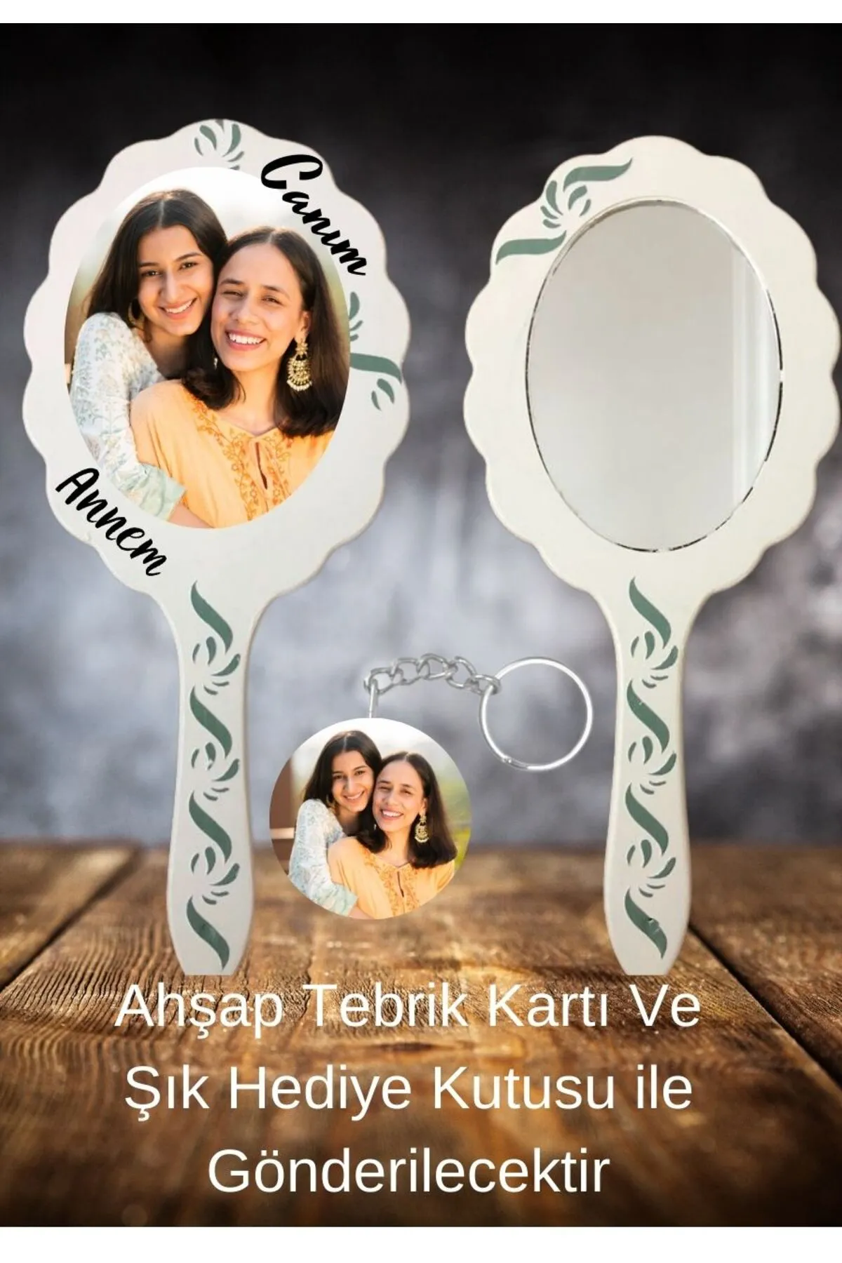 Kişiye Özel Fotoğraflı Ahşap El Aynası ve Anahtarlık Seti