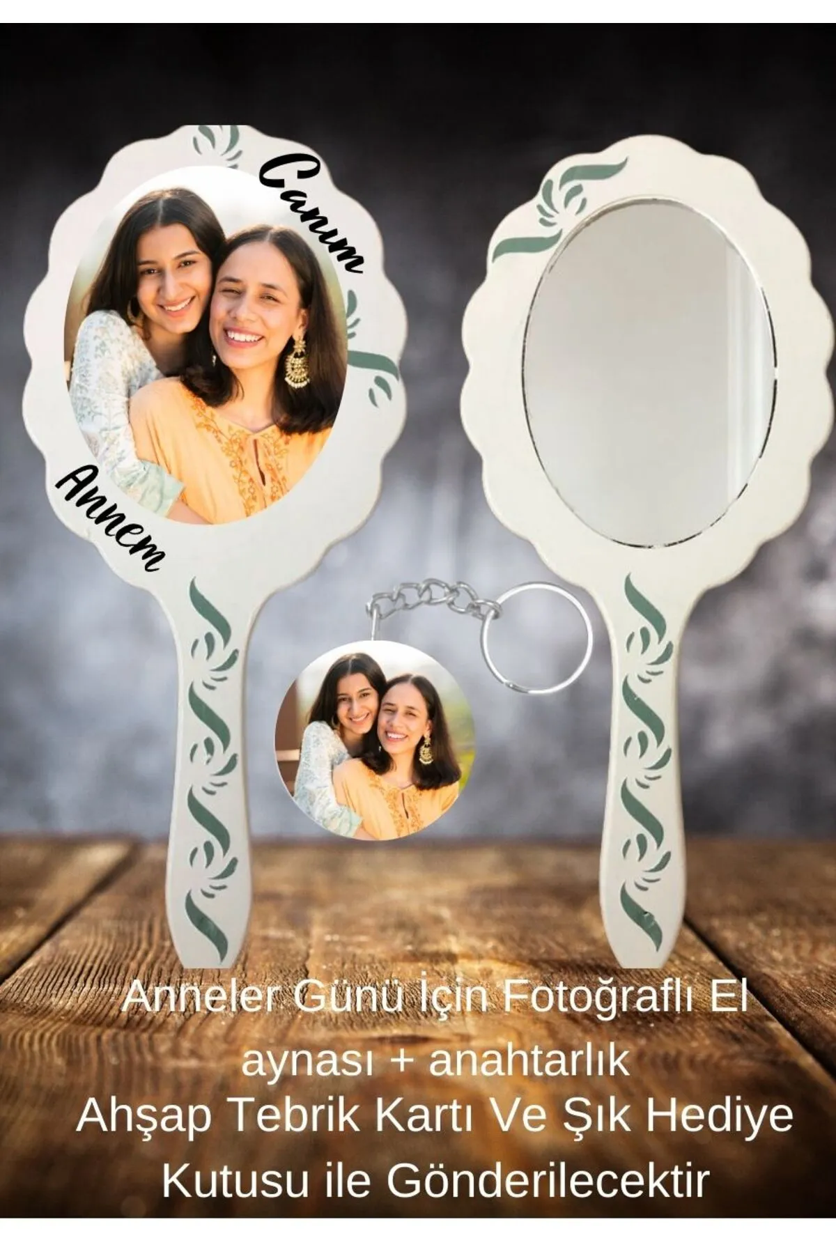 Kişiye Özel Fotoğraflı Ahşap El Aynası ve Anahtarlık Seti - ikinci görsel