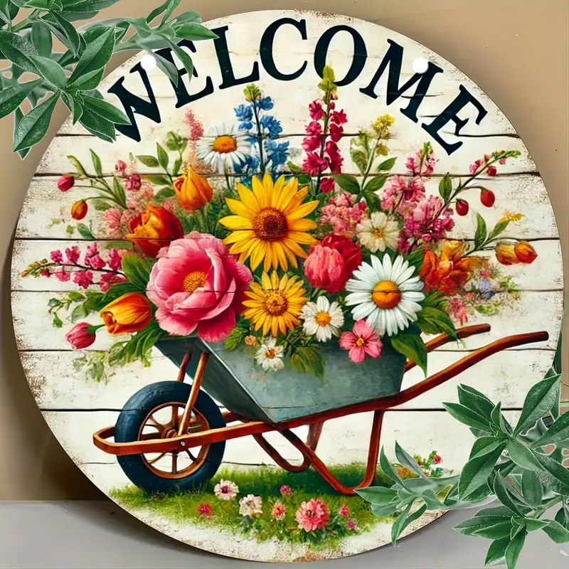 Çiçekli Ahşap Welcome Yazılı Kapı Süsü