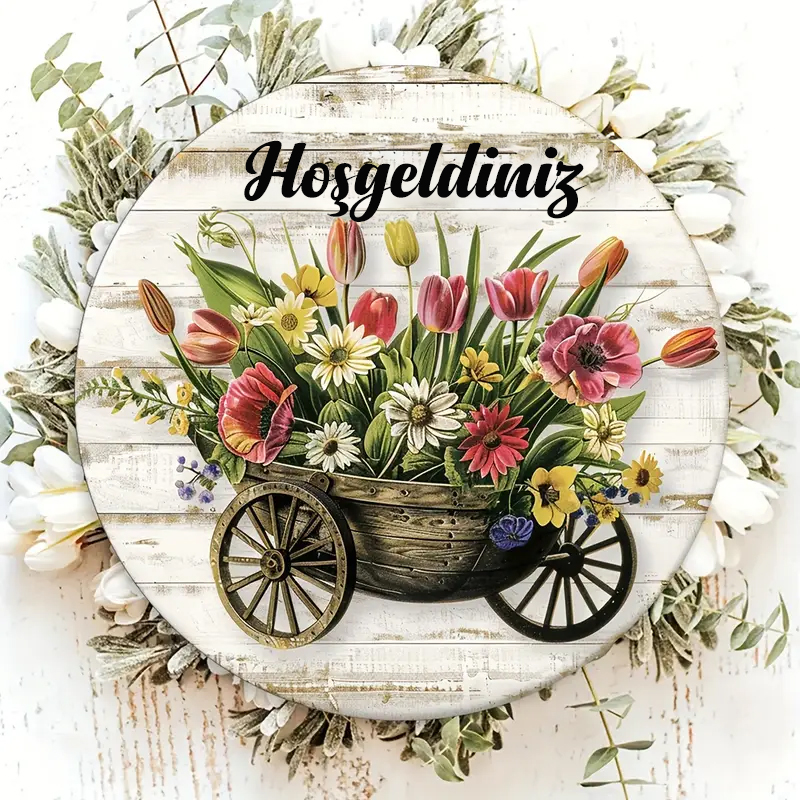 Hoşgeldiniz Yazılı Çiçekli Ahşap Kapı Süsü - Dekoratif Dekor Vagonu