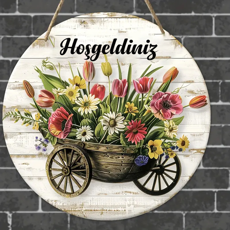 Hoşgeldiniz Yazılı Çiçekli Ahşap Kapı Süsü - Dekoratif Dekor Vagonu - ikinci görsel