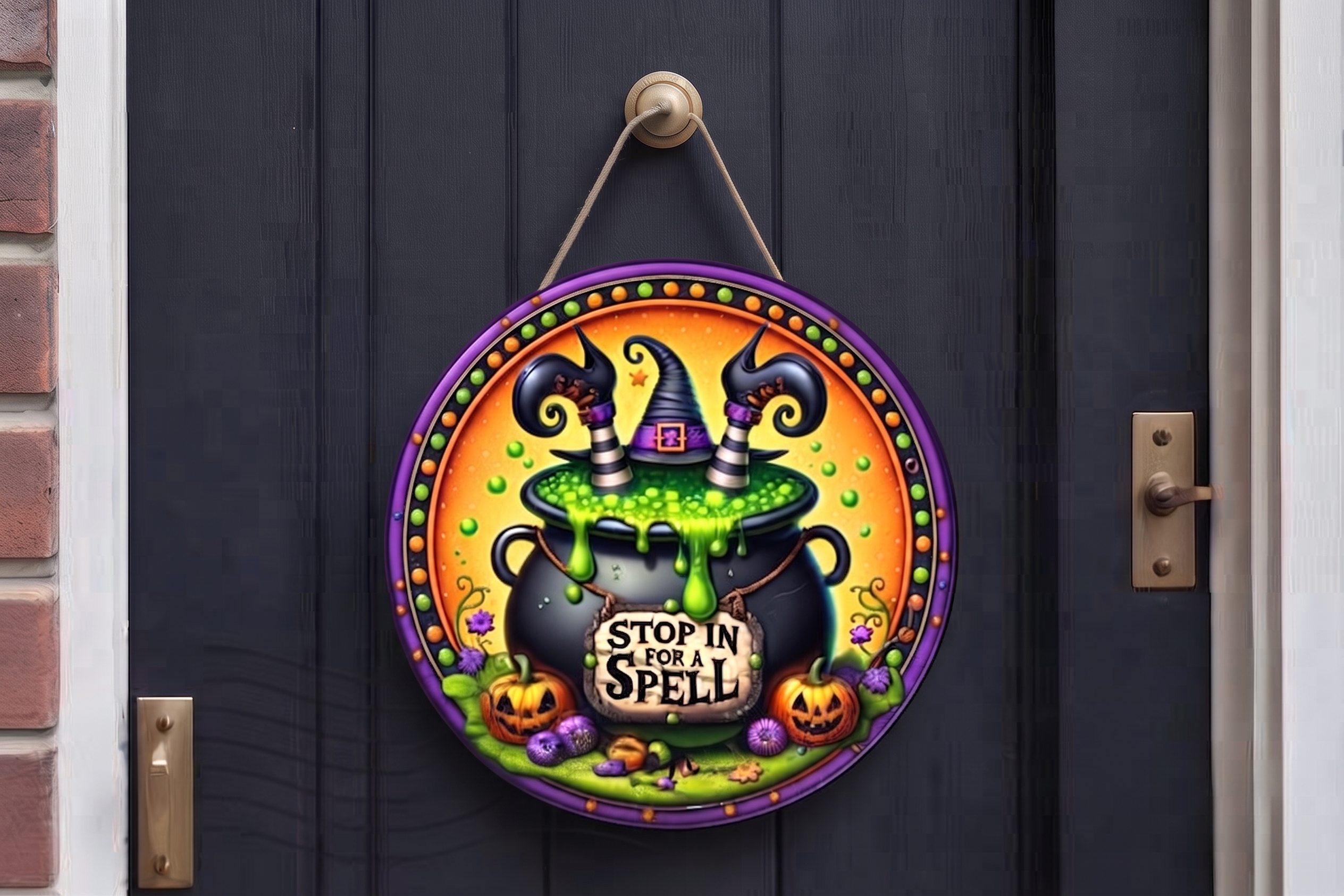 Cadılar Bayramı Temalı Ahşap Kapı Süsü - Stop In For A Spell - görsel 2
