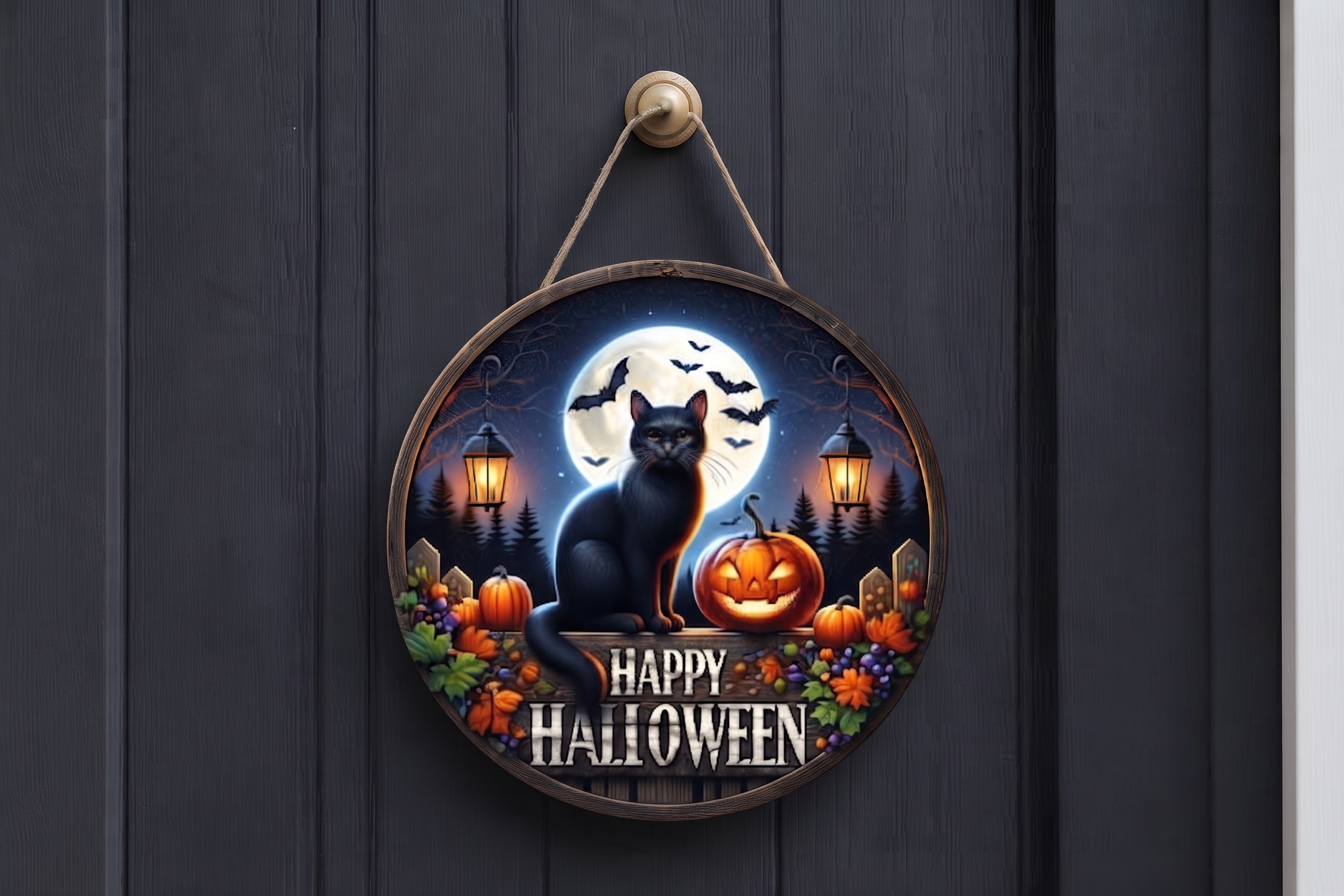 Ahşap Happy Halloween Kapı Süsü - Siyah Kedi ve Balkabağı Tasarım - görsel 2