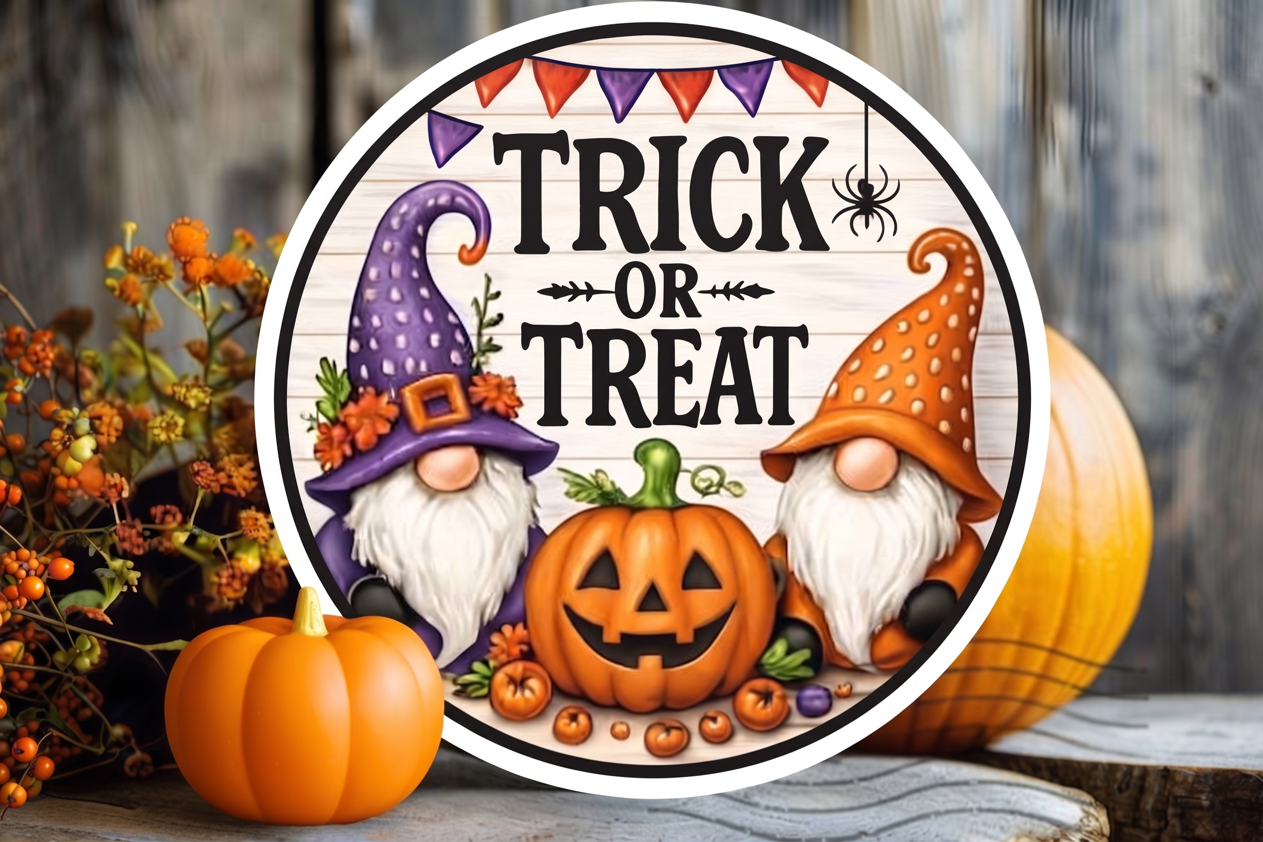 Cadılar Bayramı Temalı Trick or Treat Yuvarlak Ahşap Kapı Süsü