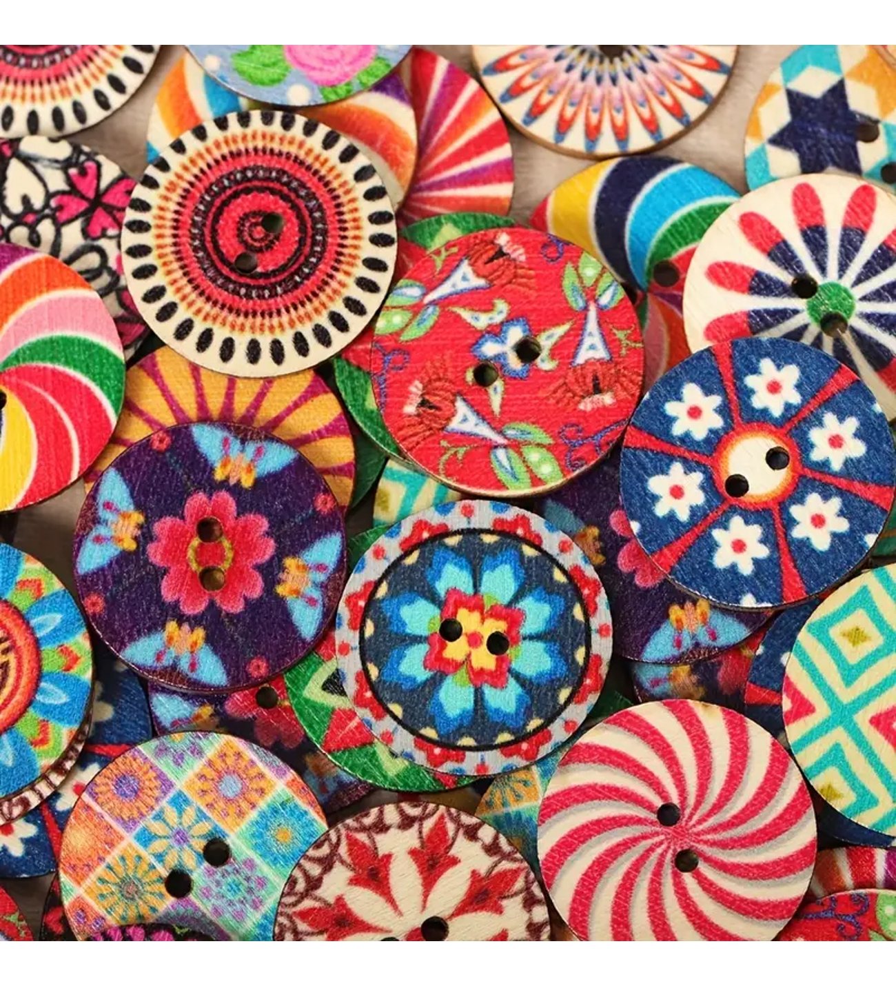 Renkli Desenli Ahşap Düğme Seti - Bohem Vintage Çiçekli ve Geometrik - görsel 3